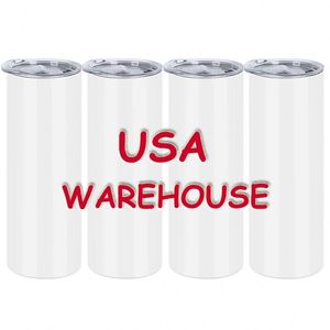 US CA Stocked 20oz White Blank Straight Double Wall Stainless Steel Tumbler with Plastic Straw