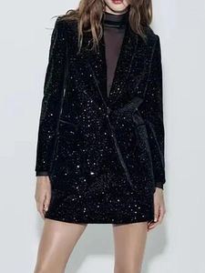 Zweiteiliges Kleid Herbst Damen Club-Stil Schwarz glänzende Pailletten Lange Blazer mit Röcken Frühling 2024 Mode lose Jacken Rockanzüge