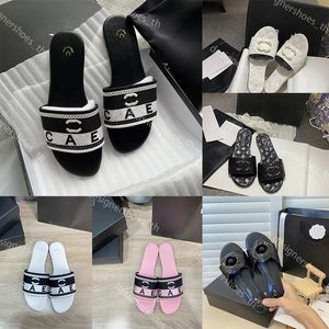 Paar Designer-Slides für Damen, bestickter Stoff, Slide-Sandalen, Sommer, Strand, Spaziergang, Hausschuhe, modisch, niedriger Absatz, flache Slipper, Luxus-Schuhe, 35–42, Box