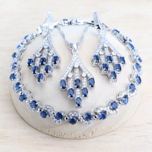 Kolye 925 Sterling Gümüş Kadın Mücevher Seti Güzel Düğün Gelin Küpe Yüzük Mavi Zirkon Takı Bilezikler Kolye Kolye Seti