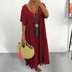 Vestidos casuais mulheres maxi vestido plissado v pescoço vintage mangas curtas retalhos solto hem macio cor sólida senhora verão