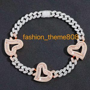 2024 Iced Out Diamond Jewelry Cubic Zirconia Necklace Bling Pretty Women Baguette Pink Heart Charm Prong Cuban Link Chain Necklace