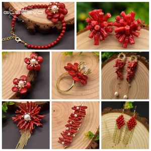 Halsband Glseevo Red Coral Natural Pearls Fashion Accessories Set Fine Woman Ring örhängen Halsband Lyxanpassat smycken Bröllop