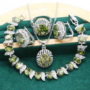 Sets Classic Green Peridot 925 Sterling Silver Jewelry Sets For Women Bracelet Hoop Earrings Necklace pendant Ring