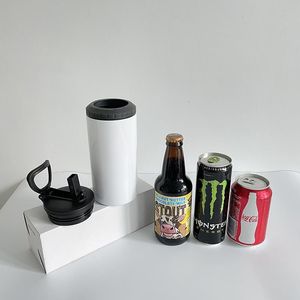 4 in 1 can cooler 12oz 16oz Beer blank sublimation white skinny straight tumbler Stainless Steel Vacuum Insulated Water coffee drink coolers with sports straw lid