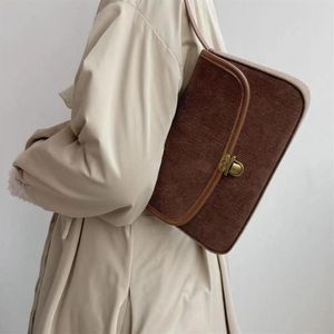 Cross Body Fashion Design Ladies Brown Small Shoulder Bags Elegant Women Purse Handväskor Vintage Lock Corduroy Female Underarm Bag 205n