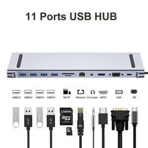 11/12-i-1 USB Hub Type C Splitter till USB3.0 Expansion HDTV 4K 30Hz RJ45 SD/TF VGA PD-adapter för bärbar dator MAC Docking Station Concentrator