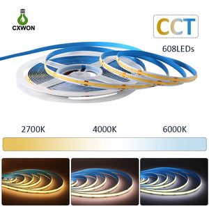 CCT COB Strip DC12V 24V CRI 90 Högdensitet COB LED-strip Light 608LEDS DIMMABLE 2700K-6500K 5mm 8mm 10mm för sovrumskök Hem Diy Lighting