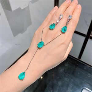 Sets 2022 Paraiba Tourmaline Gemstone Long Pendant Necklace Tassel Earrings Wedding Anniversary Fine Jewelry Set Women Birthday Gift