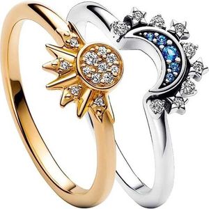 Band Rings 2pc/set Summer Blue Sparkling Moon Sun Ring for Women Cocktail Stackable Finger Band Fashion Silver Color Fine Jewellry Crystal 240125