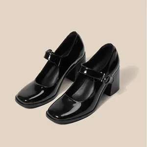 Dress Shoes Women's French Square Toed Shallow Pumps Ladies England Mary Janes Buckle Strap Elegant Thick Heels Single Leather