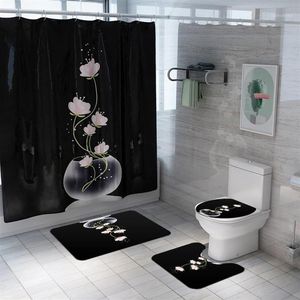 Estetisk lotus duschgardin golvmatta 4 stycken set badrumsmatta toalett täcker kreativt badrum gardin vattentät partition1275j