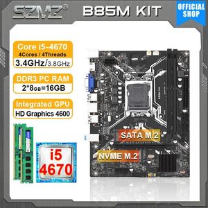 Placas-mãe SZMZ B85M Placa-mãe processador e kit de memória com Core I5 4670 CPU 16GB RAM Placa Mae 1150 DDR3 Set Suporte NVME SATA3.0