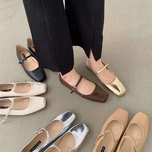 Klänningskor Spring Square Toe Ballet Fashion Low Heel Mary Jane Casaul Silver Shallow Buckle Soft Sole 2024