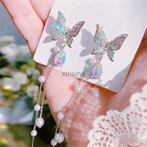 Stud Long Crystal Tassel Butterfly Dangle Earrings For Women Hanging Earring Jewelry Fashion Pearl Shiny Charm Drop Earring Brincos YQ240129