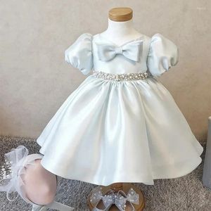 Mädchenkleider Hellblaues Mädchen-Hochzeitskleid für Kinder, Perlengürtel, Schleife, Prinzessin-Tutu, Kinder, elegantes Party-Abend, formelles Kommunion-Abschlussballkleid