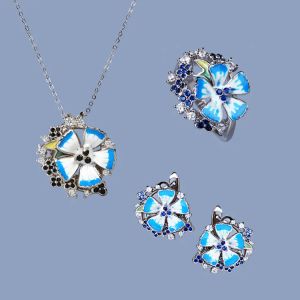 Halsband elegant handgjorda färgglada emalj Threepiece Set Blue Lotus Pendant örhängen Ring mode bröllop smycken set