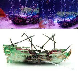 Decorations 24*13cm Large Aquarium Decoration Boat Plactic Aquarium Ship Air Split Shipwreck Fish Tank Decor Wreck Sunk