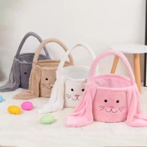 Party Easter Rabbit Basket Long Ears Plush Easters Eggs Bucket Bunny Smile Face Candy Gift Bag Festival Party Handbag for Kids1.29