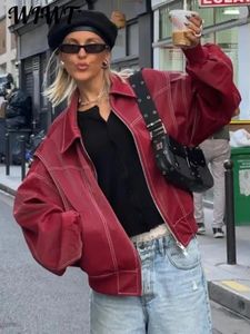 Giacca in pelle con cerniera rossa con risvolto Donna Autunno Inverno Vintage Manica lunga Patchwork Giacche Moda Streetwear Cappotti tascabili 240124