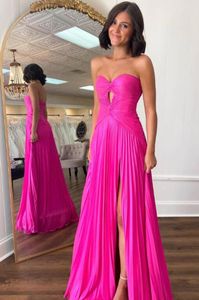 A Line Strapless Fuchsia Long Prom Dress with Slit Formal Evening Gown Sweetheart Neckline Keyhole Pleated Chiffon Party Gowns