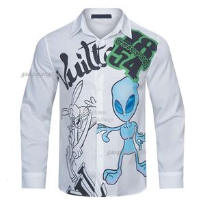 New Alien Print Long-sleeved Stand Up Collar Business Professional Shirt Men's Styling Long Sleeve Black Bugs Bunny Animal Hip Hop Solid Color Plus Size 3XL