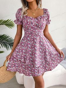 Basic Casual Dresses Women Casual Floral Print Short Sleeve Slim Waist Ruffles A Line Dress Summer Clothing T240129