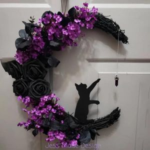 Decorative Flowers 35cm Halloween Meniscus Cat Wreath Door Hanging Creative Simulation Plant Rattan Ring Home Wall Decoration