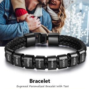 Bracelets Personalized Men Braided Leather Bracelets with Custom Beads Engraved Family Name Stainless Steel Charm Bracelets for Men Dad