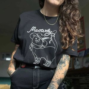 Kvinnors t-shirt söt meowdy cowboy katt rolig meme t-shirts western howdy skjorta sommar kvinnor casual grafisk tees bomull mode estetiska toppar t240129