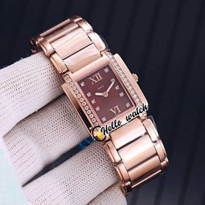 tittar på män lyxmärke tjugo-4 4910 11r-010 Mark Brown Dial Swiss Quartz Womens Watch Diamond Bezel Rose Gold Steel Armband LD283W