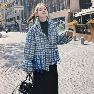 Women's Trench Coats Blue Check Cotton Padded Jacket For Women Winter 2024 Short Style Loose Thicken Korean Bread Coat