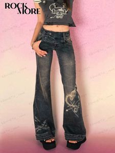 Jeans femininos rockmore y2k cintura baixa flare jeans para mulher streetwear estética impressão jean calças vintage lavado denim calças grunge fairycore t240129