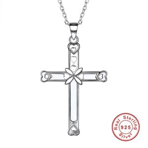 Hängen Chicsilver 925 Sterling Silver Cross Pendant Necklace For Women Dainty Hollow Out Heart Cross Religious Christian Cross Jewelry