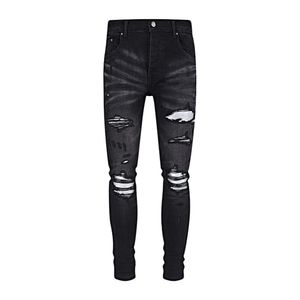 New High Street Trendy Brand Patched Silver Patch with Holes, Elastic Slim Fit, Washed Black Jeans for Men