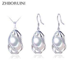 세트 Zhboruini Pearl Jewelry Set 925 스털링 실버 보석 천연 담수 진주 구슬 케이지 목걸이 이어링 세트 여성 선물