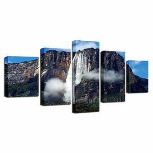Angel Waterfall Venezuela 5 Panel Canvas Picture Print Wall Art Canvas Painting Wall Decor for Living Room Poster No Framed 240127