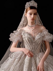 amazing Designer Sequined Tulle Wedding Dresses 2024 Elegant Off Shoulders Appliques crystals Beads Long train Bridal Gowns Luxury Sequins Plus Size Robe De Mariee