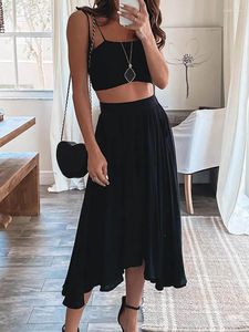 Work Dresses Summer Sexy Women Slim Fit Solid Outfits Casual Short Sleeveless Tops Ruffles Skirt Matching Suit Lady Midi Skirts Two Piece