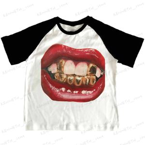 Damen T-Shirt Punk Y2K Baby Kurzarm Top Gothic Street T-Shirt Casual Schwarz und Weiß Splice T-Shirt 2023 Sommer Top E Girl Lips Sexy EMO T240129