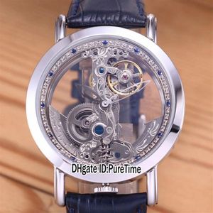 New Golden Bridge 42mm Steel Case Silver Diamond Inner Skeleton Dial Automatic Tourbillon Mens Watch Sports Watches Blue Leather C223A