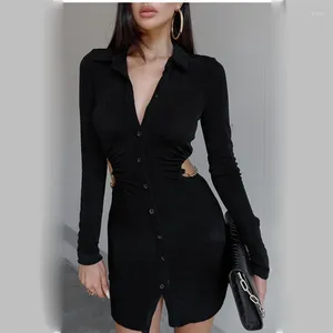 Casual Dresses Langarm Hohlkette Patchwork Mini Shirt Kleid Herbst/Winter Damen Revers Einreiher Skinny Sexy Streetwear Party