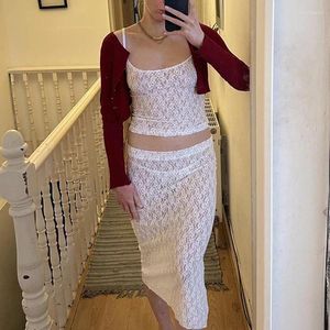 Work Dresses Sweet Cute Y2K Camis Fairycore Floral Lace Mesh Sheer 2 Piece Set Outfits 90s Vintage Crop Tops Midi Skirt Sexy Streetwear