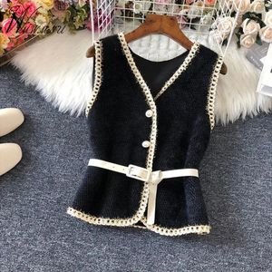 Women's Vests Vintage Sashes Woolen Vest Jacket Women Elegant Sleeveless Sweater Waistcoat Korean Style Knit Tops Short Chalecos Para Mujer