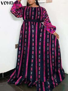 Casual Dresses Vonda Bohemian Dress Women Long Lantern Sleeve Printed Maxi Vintage Belted Party Vestidos 2024 Loose Ruffled Robe