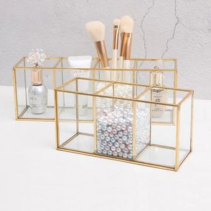 Transparent Glass Makeup Brush Storage Box Gold Cosmetics Container Ring Pencil Lipstick Holder Make Up Brushes Organizer 240125