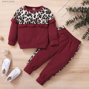 Clothing Sets 0-2-year-old newborn baby spring and autumn wine red stitching leopard print round-necked long-sleeved trousers fashion suit