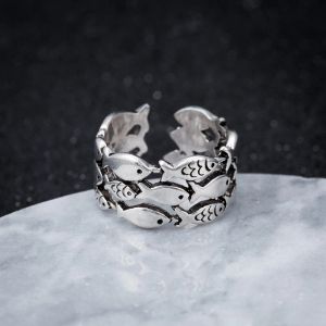 Rings Threelayer Fish Ring for Ladies with Sier Plated Opening Adjustable Ring Personality Fashion Jewelry Interesting Gift