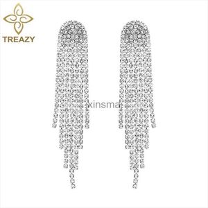 Saplama Treazy Yeni Rhinestone Düğün Damla Küpeler Kadınlar için Gümüş Renk Kristal Gelin Uzun Tassel Asma Küpe Gece Kulübü Takı YQ240129