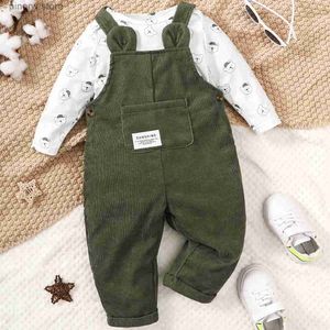 Set di abbigliamento 3-24 mesi Bambino e bambina 2 pezzi Set di vestiti Body con stampa di orsi con verde generale Moda carino Autunno Inverno Abbigliamento